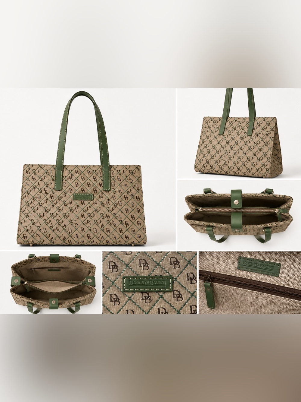 Dooney & Bourke DB Monogram Tote Bag Beige Green Shoulder Purse - Picture 1 of 1